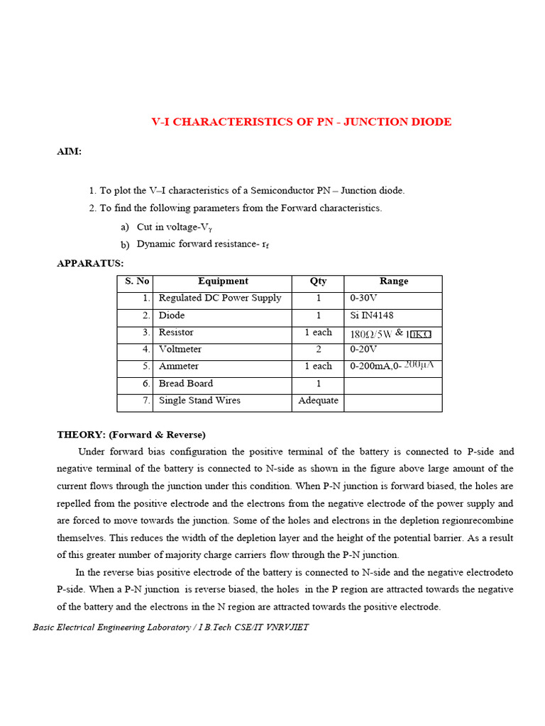 V-I Characteristics of PN Junction Diode | PDF | P–N Junction | Diode