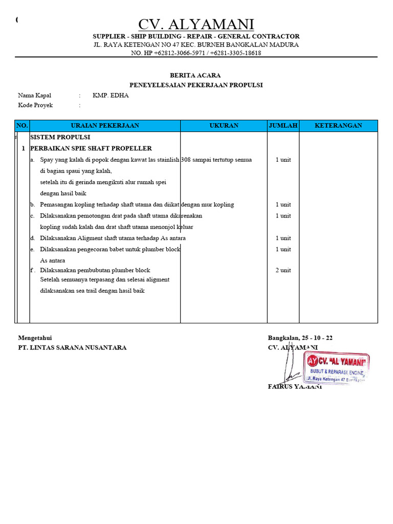 Perbaikan Shaft Propulsi KMP. Edha | PDF | Griya & Taman