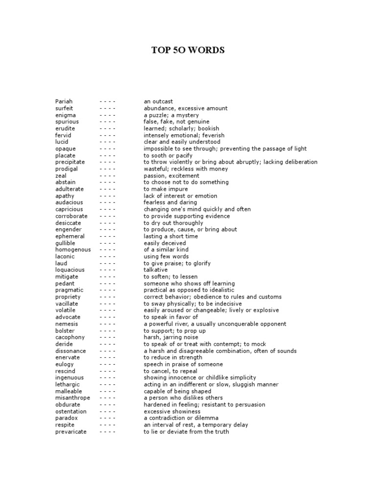 Top 50 Difficult English Words | PDF