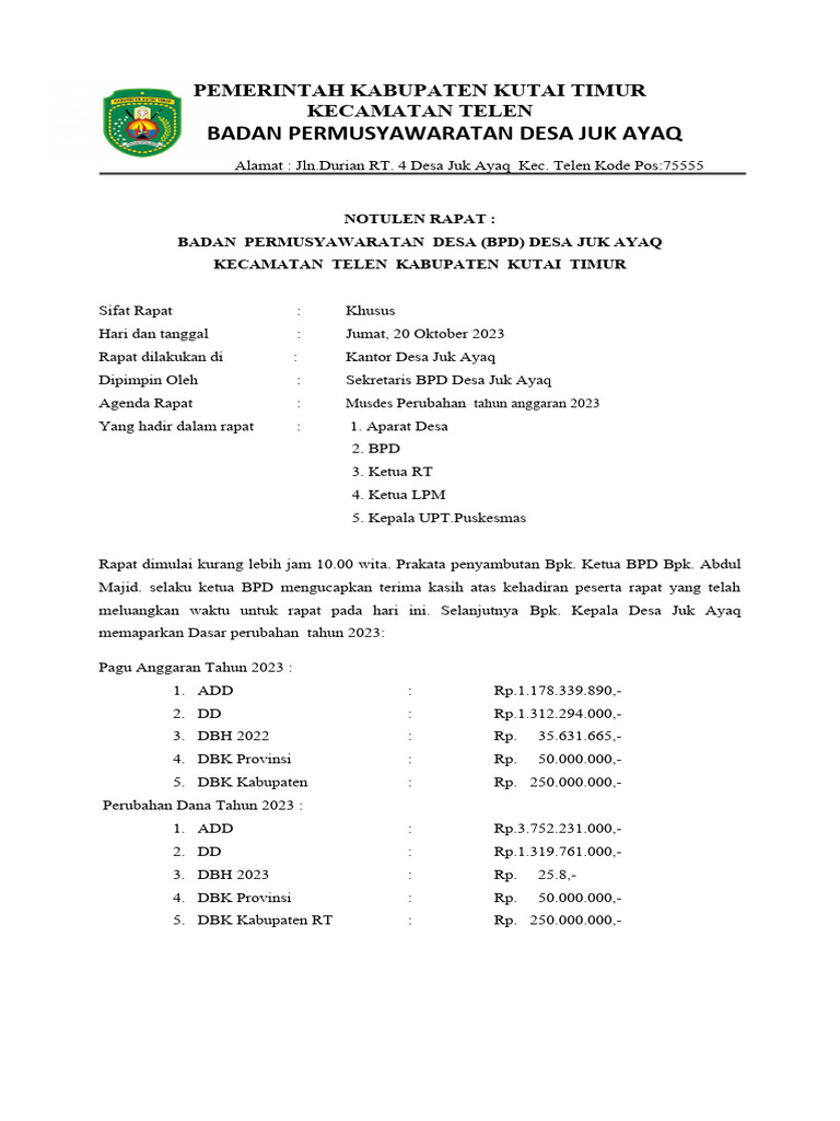 Notulen Musdes Perubahan 2023 Juk Ayaq | PDF | Griya & Taman