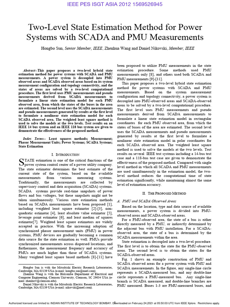 Two-Level State Estimation Method For Power Systems With SCADA and PMU ...