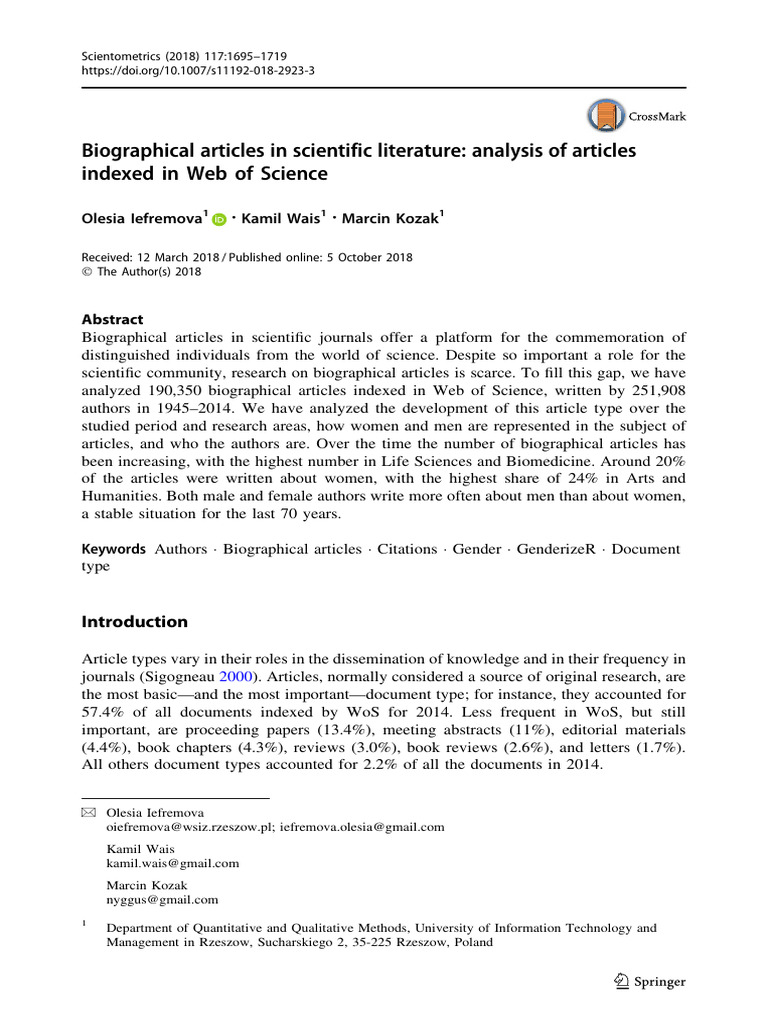 Biographical articles in scientific literature analysis of articles