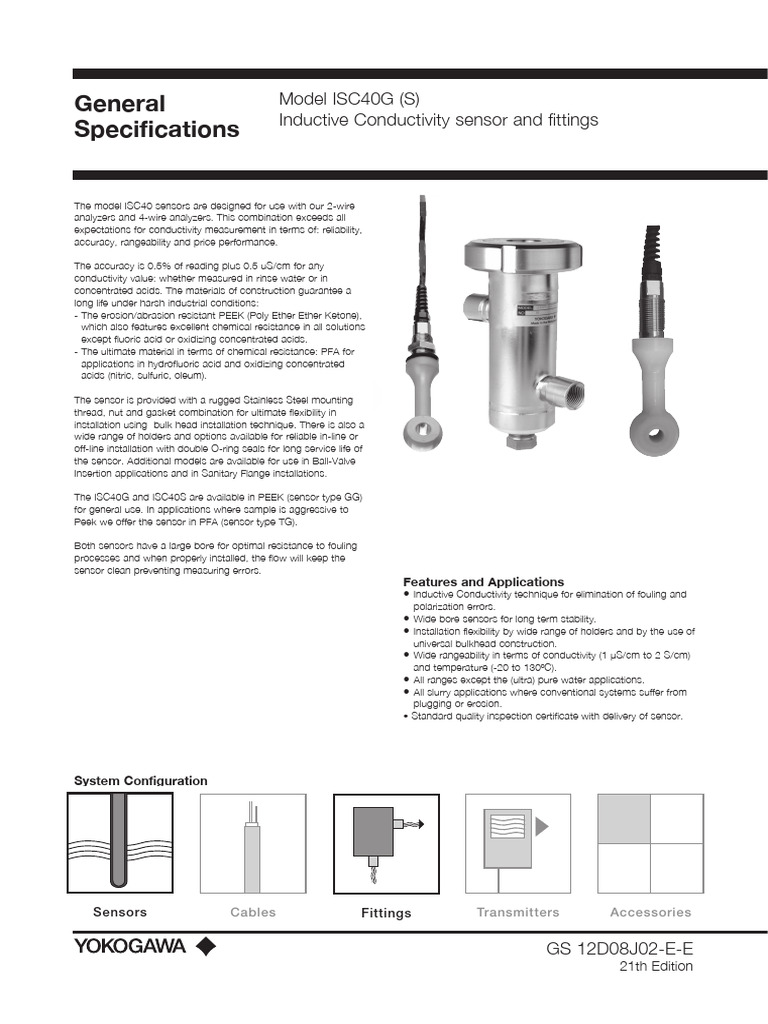 Yokogawa Model ISC40G Inductive Conductivity Sensor Data Sheet | PDF ...