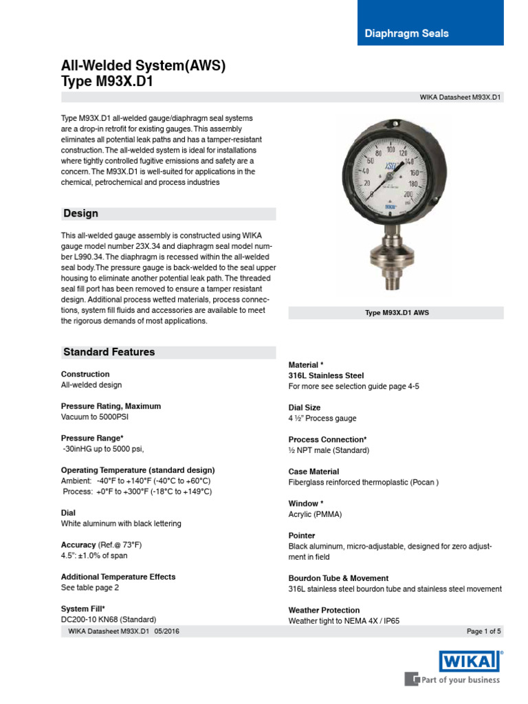 Wika Type M93X.D1 Pressure Gauge Data Sheet PDF Pressure