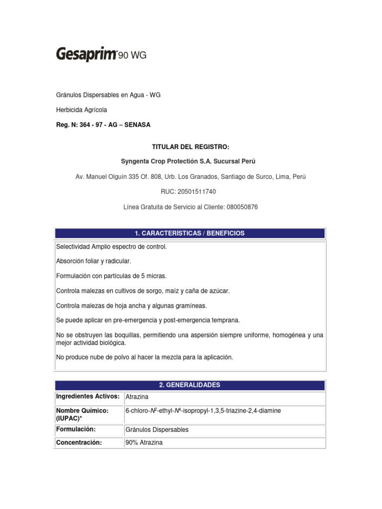 Pe Ficha Tecnica Gesaprim 90 WG Mar 17 | PDF | Agua | Hoja