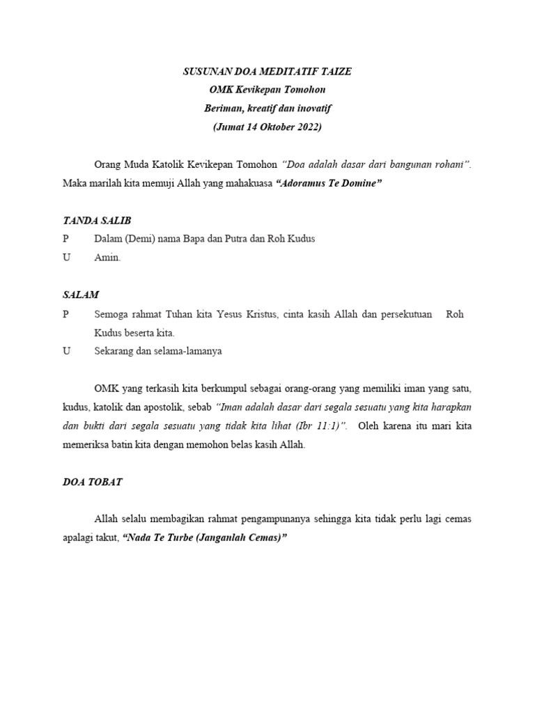 Susunan Doa Meditatif Taize Katolik | PDF | Agama & Spiritualitas
