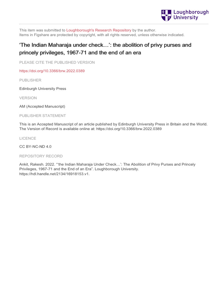 Privy Purses PDF Indian National Congress Government