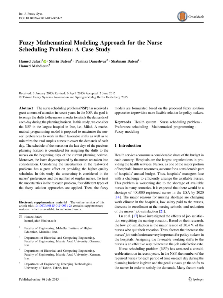 Fuzzy Mathematical Modeling Approach For The Nurse Scheduling Problem A ...