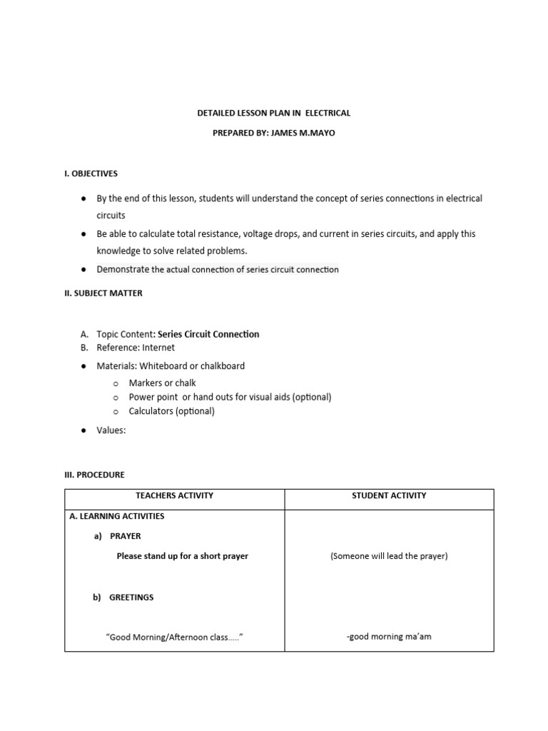 Detailed Lesson Plan in Applied Electrical | PDF | Series And Parallel