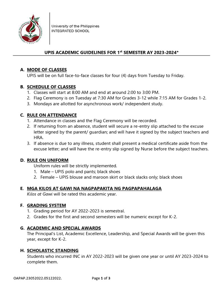 UPIS Academic and Related Guidelines For 1st Sem AY 2023 2024 PDF