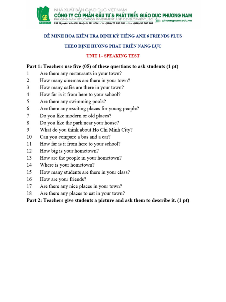 Tiếng Anh 6 Friends Plus - Unit 1 - Speaking Test | PDF | Language Arts ...