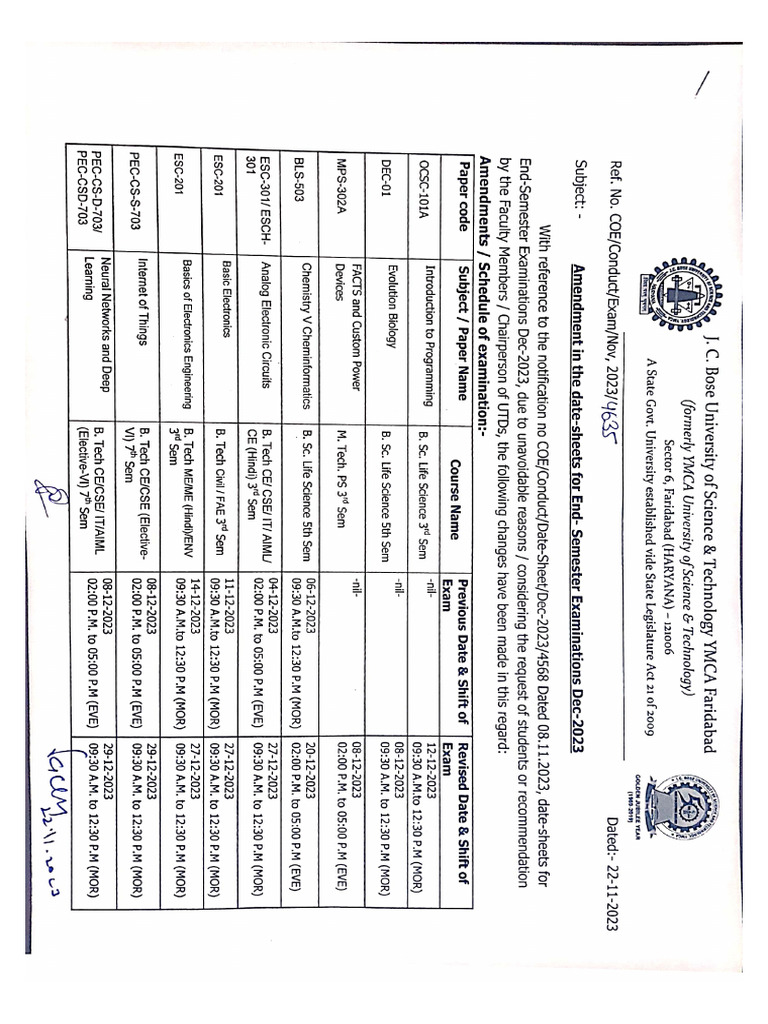 Amendment in the date sheets for end semester examinations dec 2023 pdf