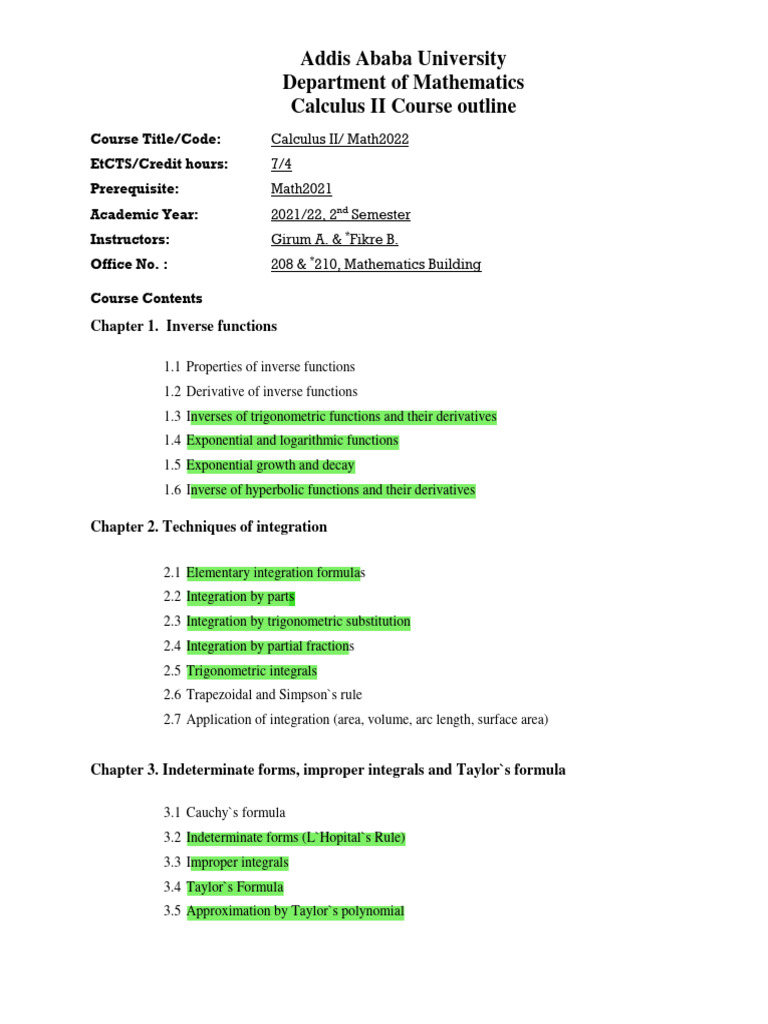 Calculus II Course Outline PDF Integral Power Series