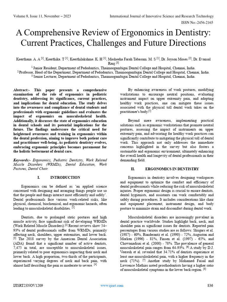 A Comprehensive Review of Ergonomics in Dentistry Current Practices