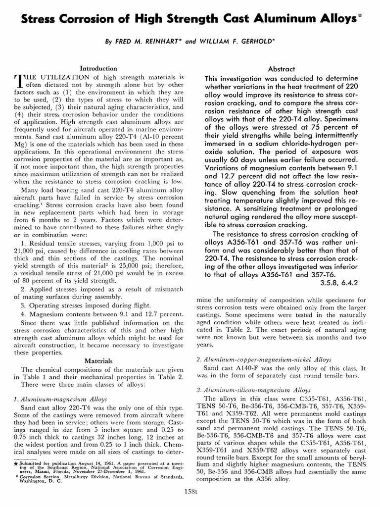 Stress Corrosion of High Strength Cast Aluminium Alloys | PDF
