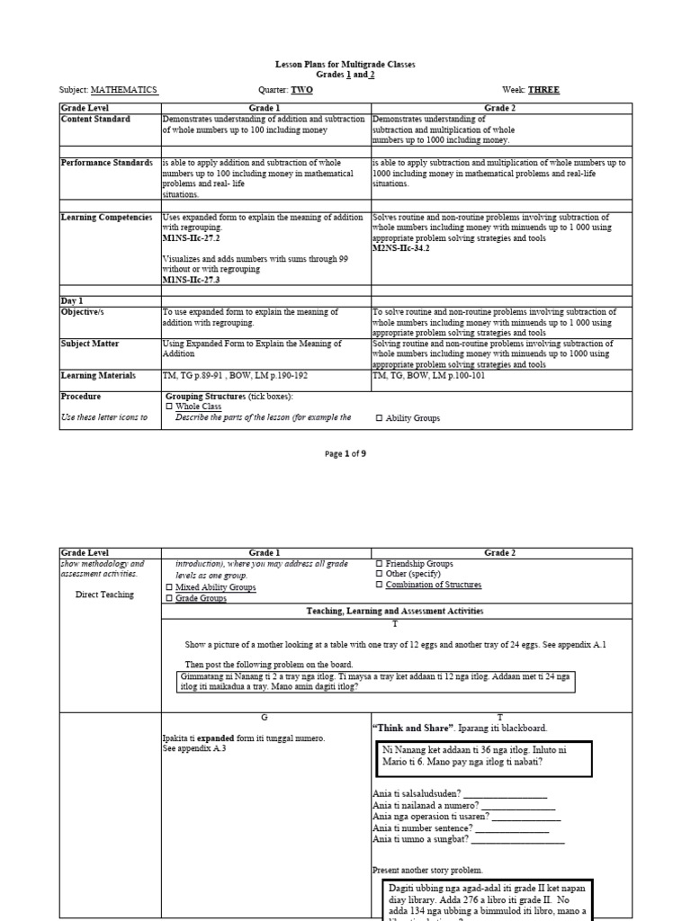 Multigrade Math Lesson Plans for Grades 1-2 | PDF | Subtraction | Science
