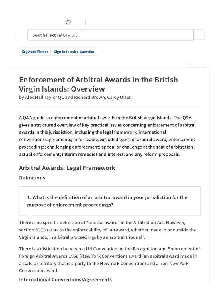 Enforcement of Arbitral Awards in The British Virgin Islands Overview Practical Law PDF