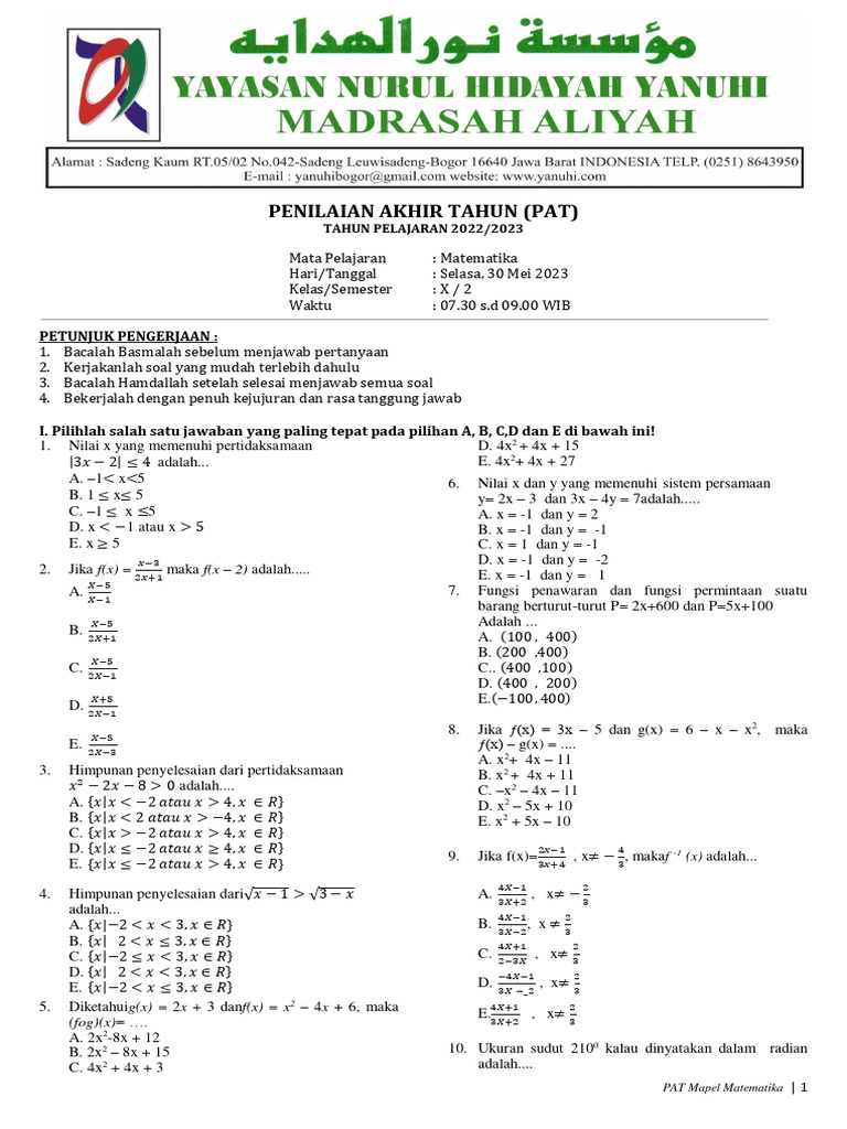 Soal Pat Mtk Kelas 10 Smtr 2 Yanuhi Pdf