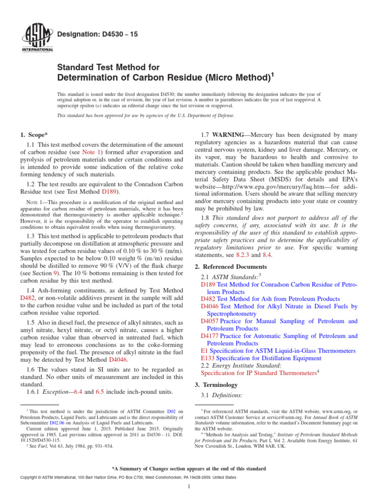 Determination of Carbon Residue (Micro Method) : Standard Test Method ...