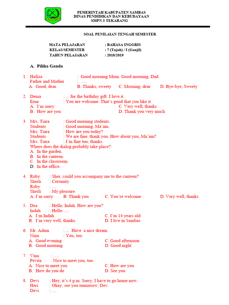 Soal Bahasa Inggris Kelas 7 Ganjil | PDF | Language Arts & Discipline