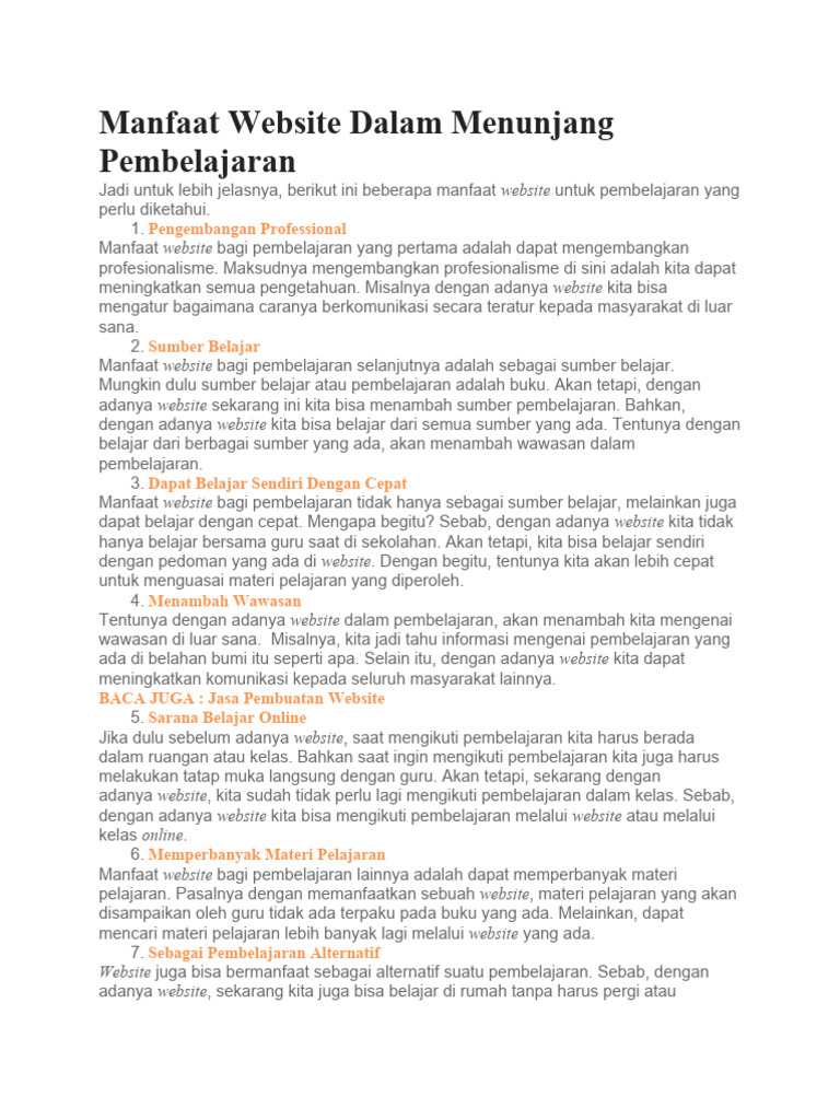 Manfaat Website Dalam Menunjang Pembelajaran | PDF | Komputer