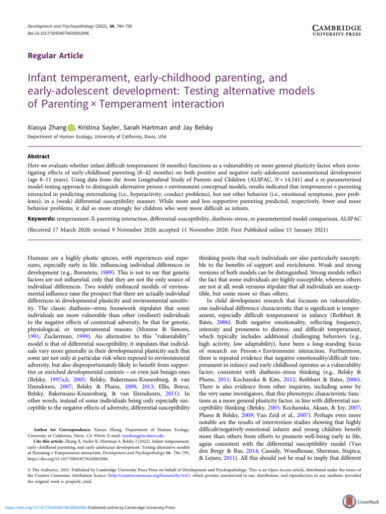 Infant Temperament Early Childhood Parenting And Early Adolescent