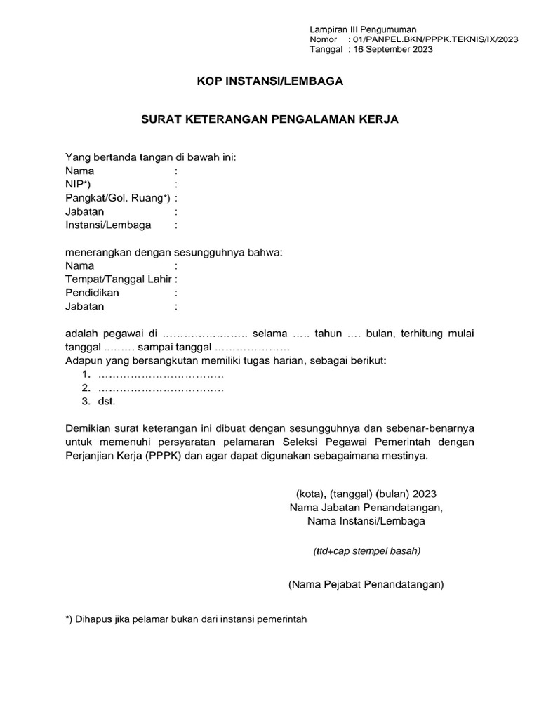 Lampiran III Format Surat Keterangan Kerja PPPK Teknis BKN 2023 | PDF
