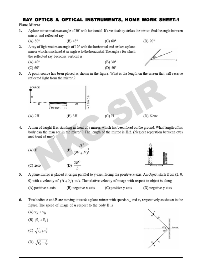 Ray optics optical instruments home work sheet 1 plane mirror 1
