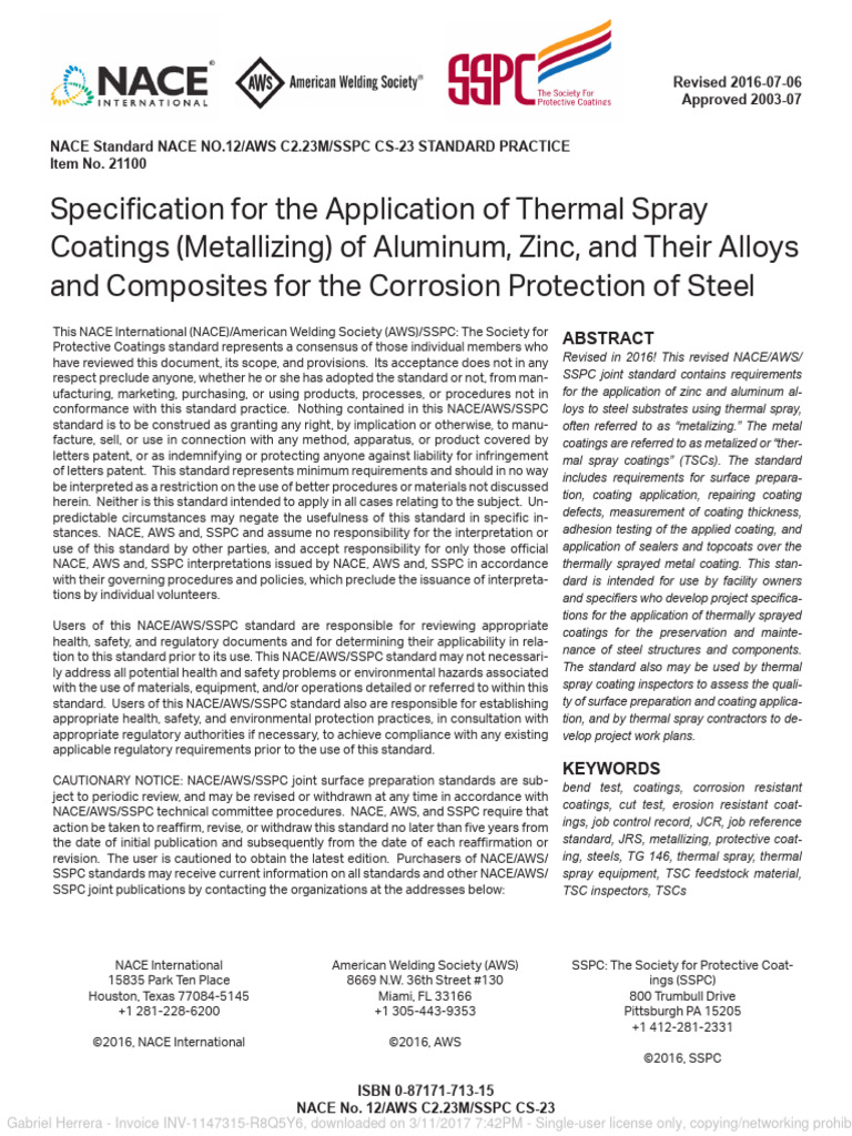 SSPC CS23 NACE No.12 AWS C2.23M (Specification For The Application of