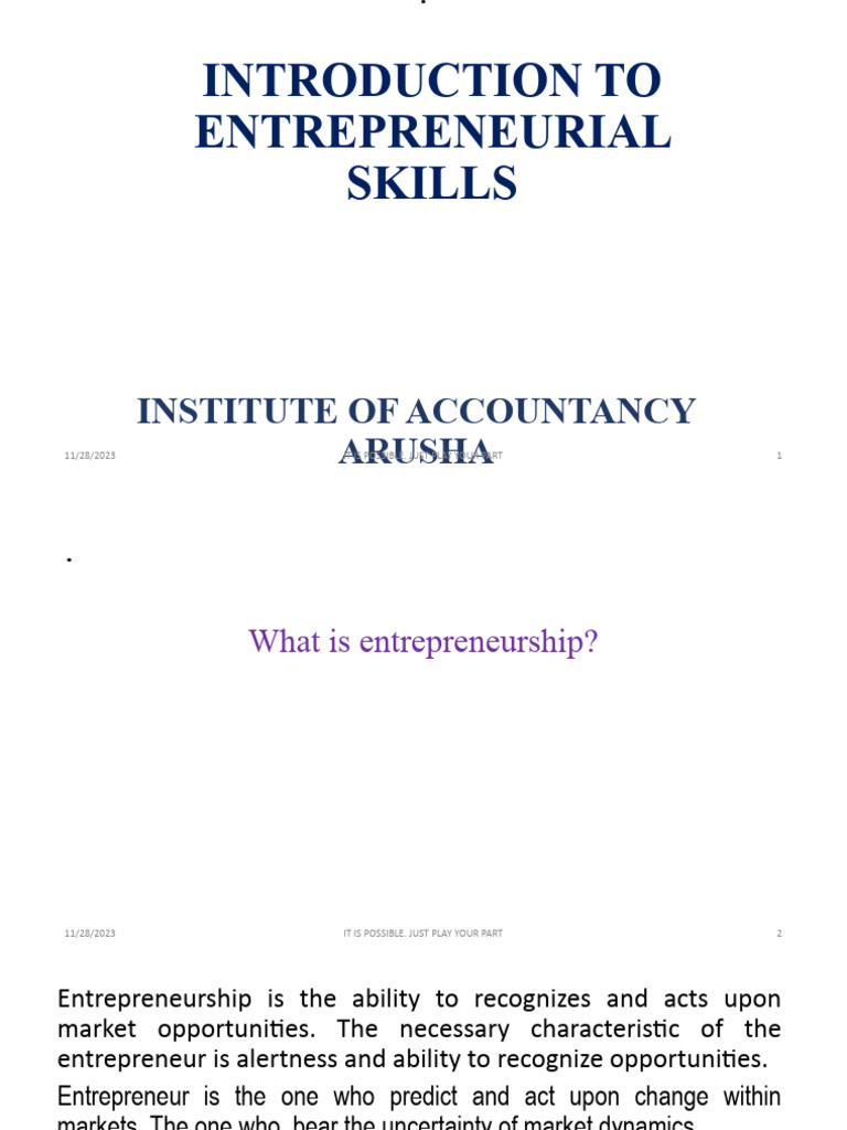 Introduction To Entrepreneurial Skills Topic 1 Pdf Entrepreneurship