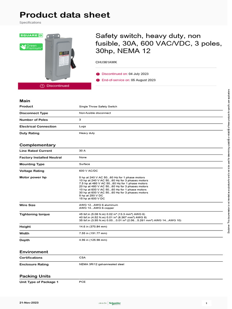 Heavy Duty Safety Switches - CHU361AWK | PDF | Electric Motor ...