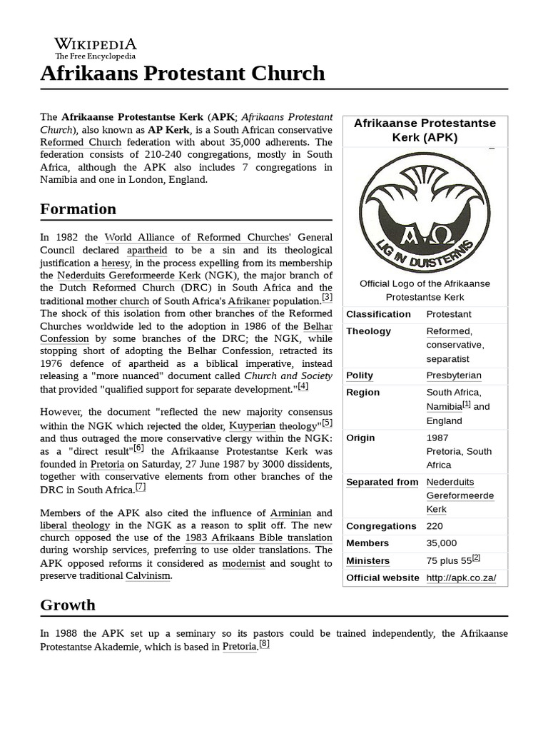 Afrikaans Protestant Church PDF Theology Christian Organizations