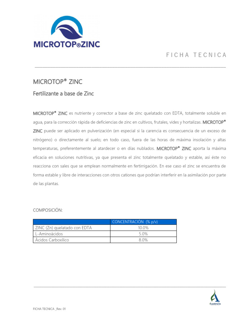 Ficha Técnica de Microtop Zinc | PDF | Zinc | Cocina vegana
