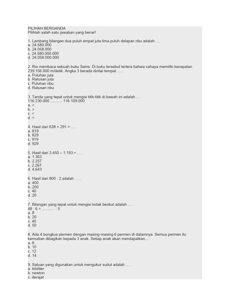 Soal Matematika Kelas 4 dan Sains | PDF | Metode & Bahan Ajar | Sains ...