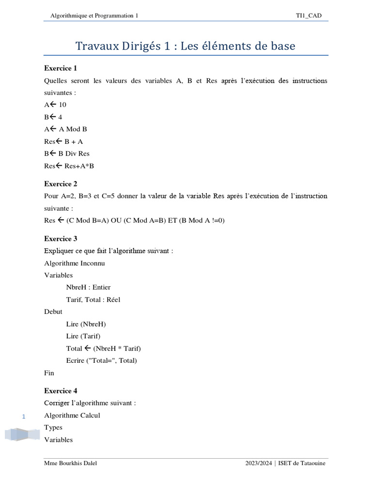 Exercices d'Algorithmique et Programmation | PDF | Programmation ...