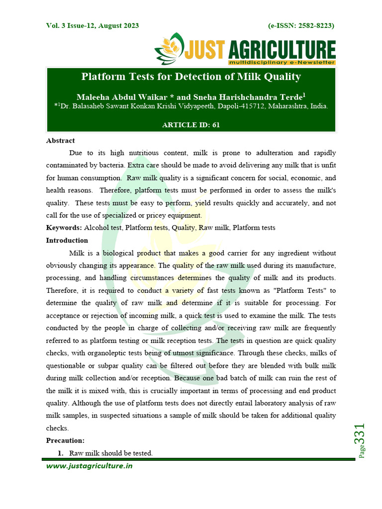 Platform Tests For Detection of Milk Quality PDF Milk