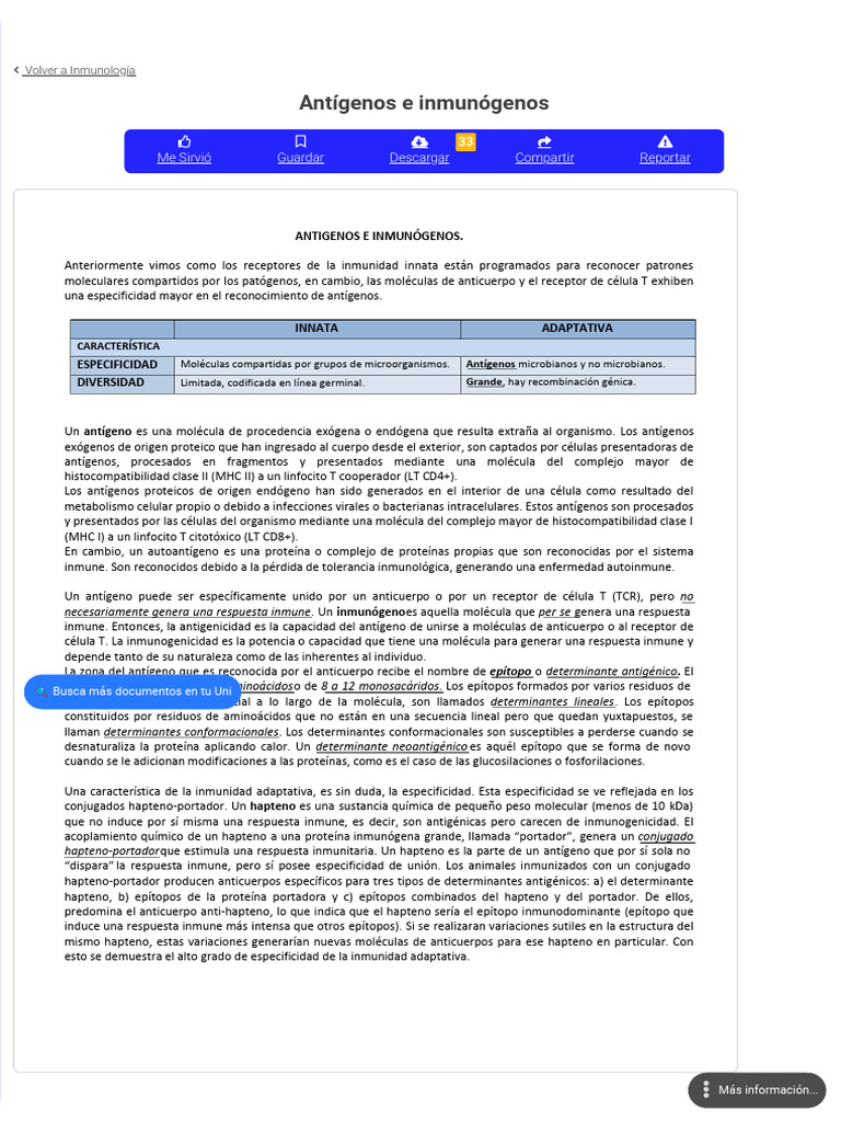 Apunte - Antígenos e Inmunógenos - Inmunología - Médico Cirujano (UNAM ...