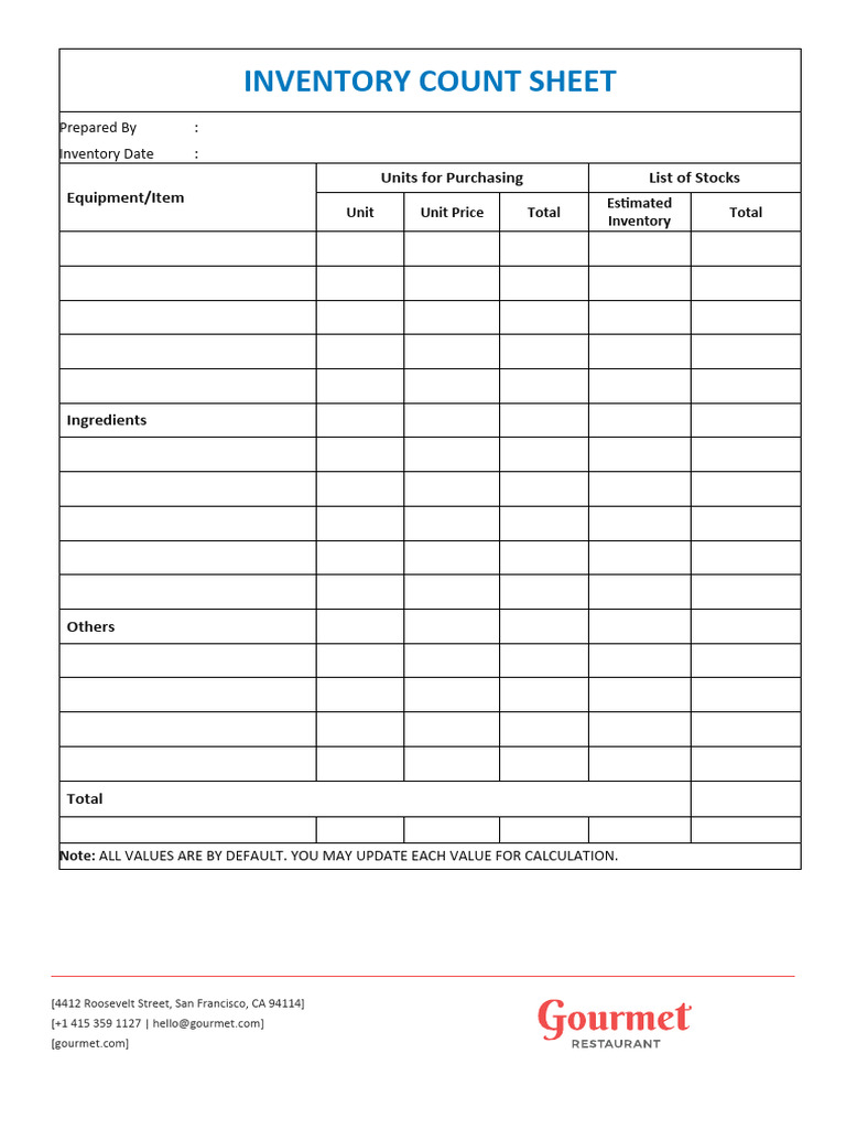 Restaurant Inventory Count Sheet Template | PDF