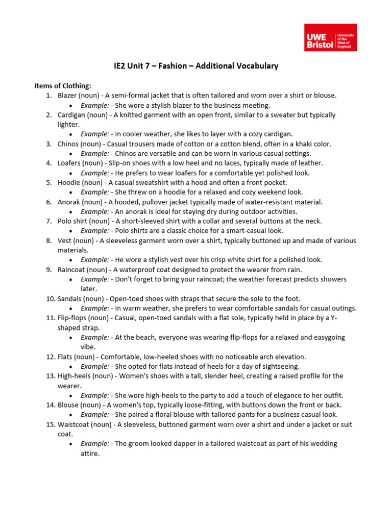 Fashion Vocabulary for Clothing Items | PDF | Sewing | Clothing