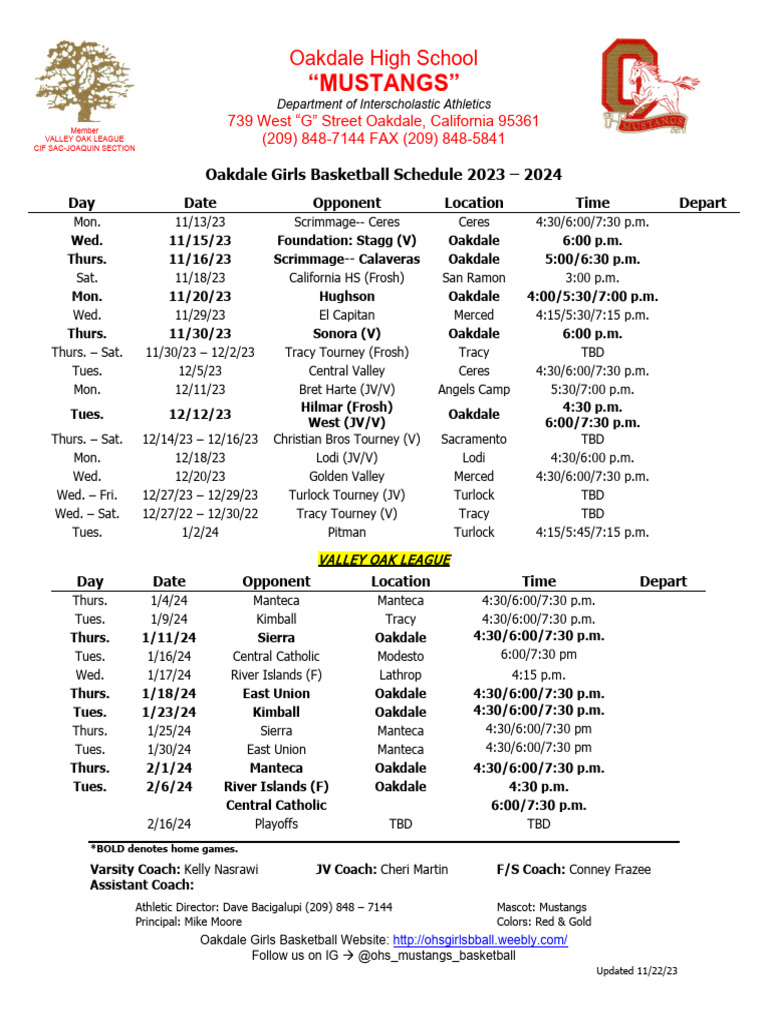 Oakdale Girls Basketball Schedule 202324 PDF Sports