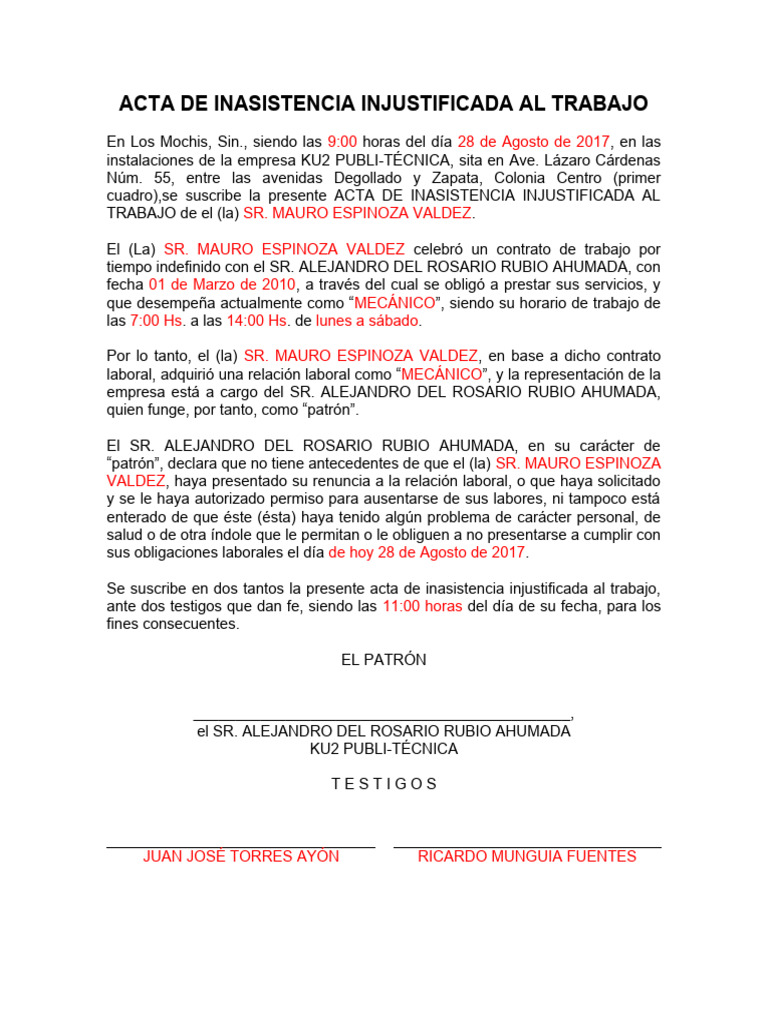 Acta de Inasistencia Laboral 2017 | PDF