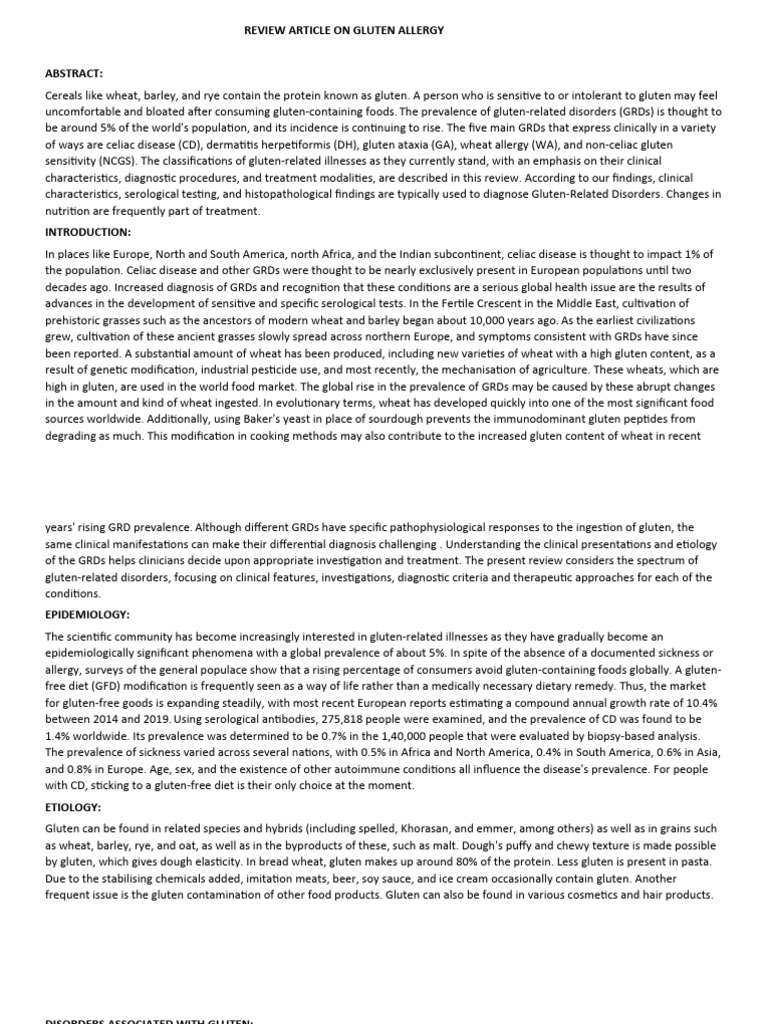Review Article On Gluten Allergy PDF Gluten Gluten Related Disorders