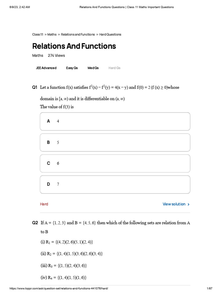 Relations and functions questions class 11 maths important questions