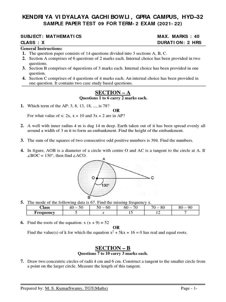 Maths Class X Term 2 Sample Paper Test 09 2021 22 PDF Circle Angle