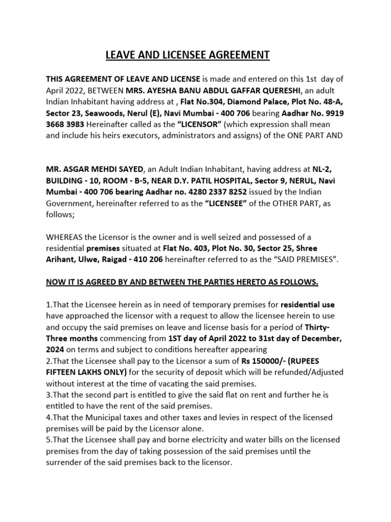 Leave and Licensee Agreement PDF Landlord License