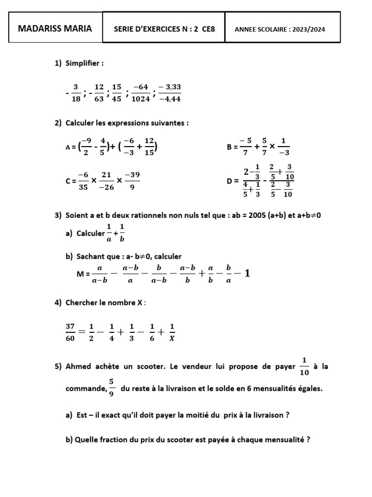Exercices de maths CE8 - Série 2 | PDF