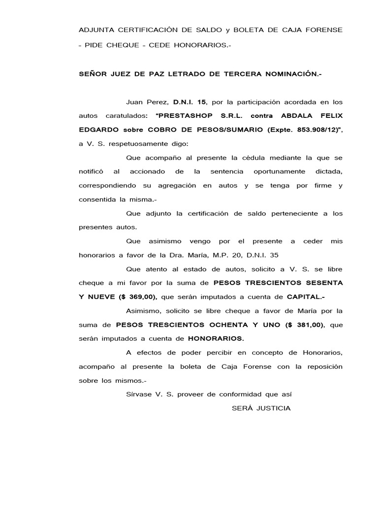 Modelo de escrito pidiendo cesion de honorarios pdf