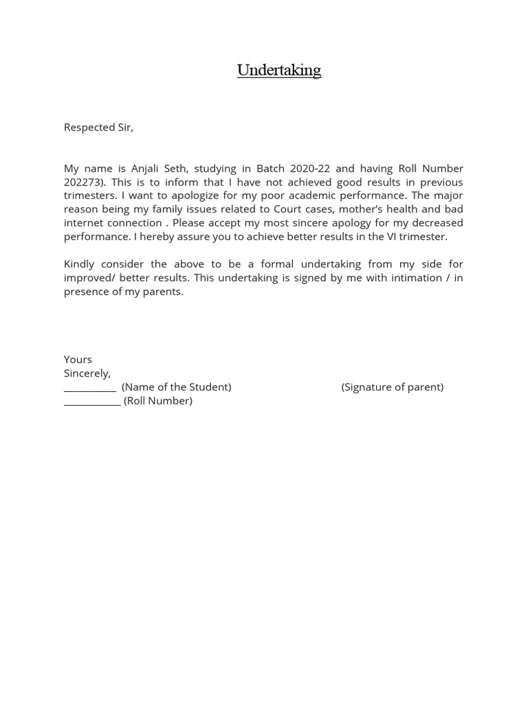 Student Undertaking for Academic Improvement | PDF