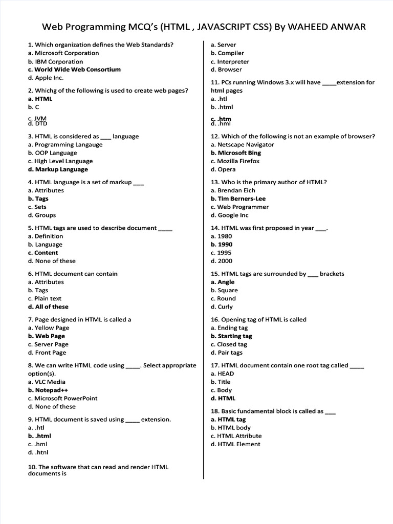 Multiple Choice Questions On HTML CSS Javascript With Answers | PDF ...