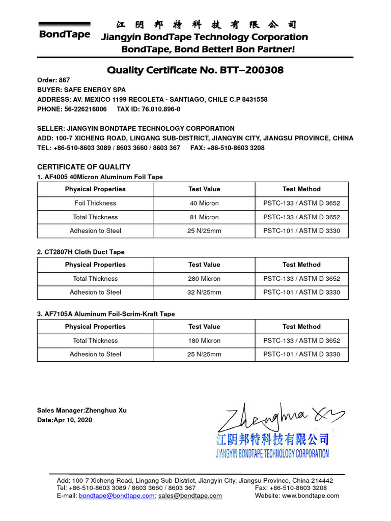 SAFE ENERGY-BTT-200308-Quality Certificate | PDF